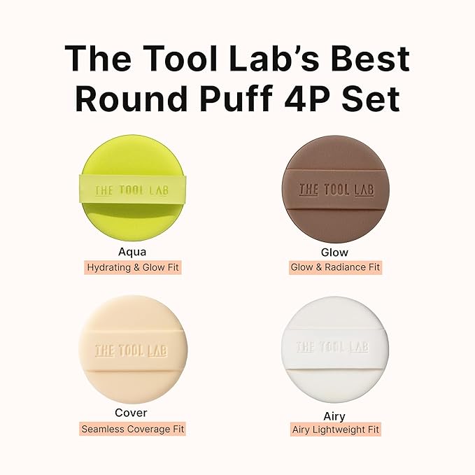 THE TOOL LAB Long-lasting Tension Puff 4P Set, Glow + Cover + Airy + Aqua, Liquid Cushion Foundation, Rubycell Makeup Sponge for Hydrating & Smooth Coverage, Korean Makeup (4P, 2.1 inch, Round)