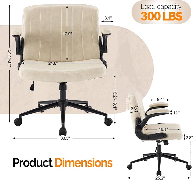 VINGLI Criss Cross Chair with Adjustable Flip-Up Arms,Cross Legged Chair with Wheels, Extra Wide Office Chair,Comfortable Desk Chair for Home Office, Vanity, Bedroom, PU Leather,Ivory White