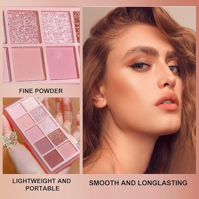 Erinde 10 Colors Eyeshadow Palette Makeup - Matte Shimmer Glitter Eye Shadow, Natural-Looking Korean Eye Makeup, Ultra-Blendable, High Pigmented, Pink Eyeshadow Palette with Brush, Rose Pink