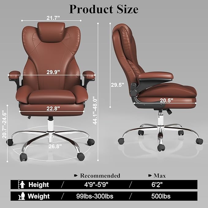 Office Desk Chair, Executive Leather Office Chair, High Back Ergonomic Home Desk Chair with Padded Flip-up Arms, Big and Tall Computer Chair with Rocking Function, 360°Swivel Free, Light Brown