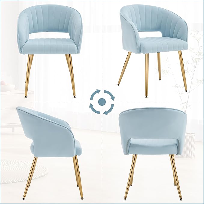 ABET Desk Chair with No Wheels, Velvet Home Office Armchair Gold Legs, Upholstered Modern Accent Chairs, Side Chair for Living Room Bedroom Vanity, Light Blue