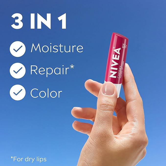 NIVEA Cherry Lip Care, Ruby Tinted Lip Balm Pack with Shea Butter, Nourishing Oils and Vitamin C & E, 3-in-1 Moisture, Repair and Color, 0.17 Oz Stick, Pack of 4
