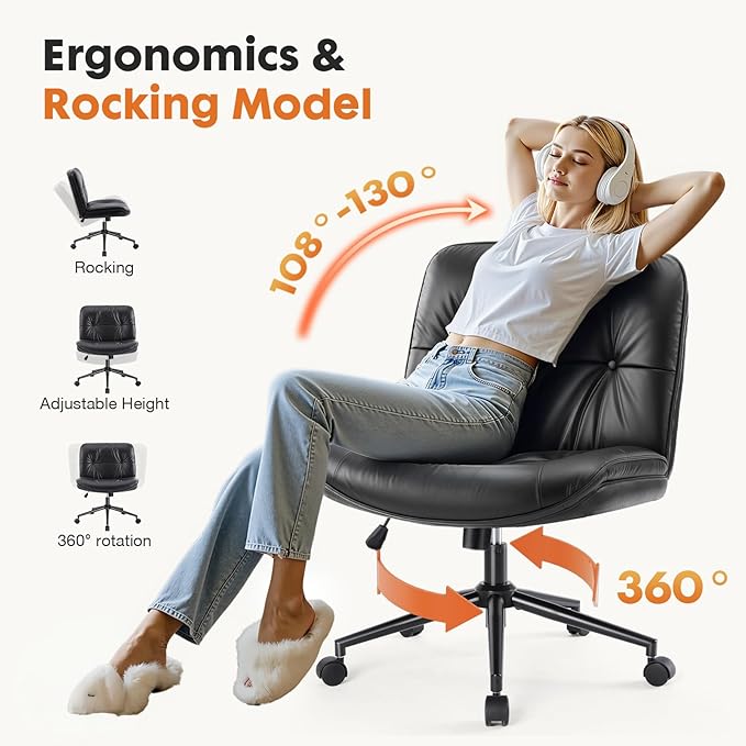 Sweetcrispy Criss Cross Chair with Wheels, Wide Seat PU Leather Armless Office Desk Vanity Chair, Comfortable Adjustable Swivel Computer Task Chairs for Bedroom, Small Space Make Up, Black