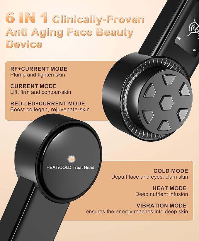 Radio-Frequency Skin Tightening Device | 6 in 1 Home-RF Face Beauty Device | Professional Facial Skin Tightening | Lifting | Wrinkle Reducing | Anti Aging | Depuff | Increase Absorption(with Gel)