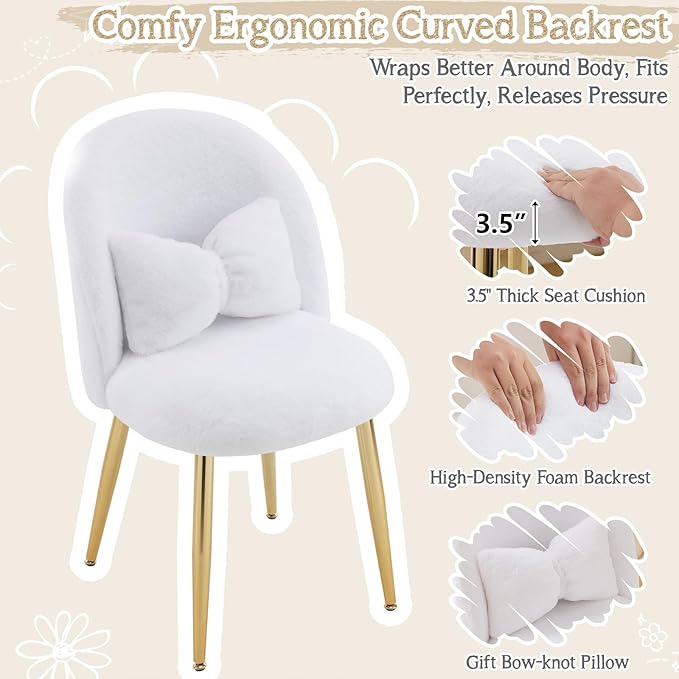 VINGLI Fluffy Girls Vanity Chair with Back & Pillow,Cute Small Cozy Desk Chair No Wheels,Comfy Makeup Ch with Ajustable Gold Legs,for Bedroom,Living Room,Small Space,White
