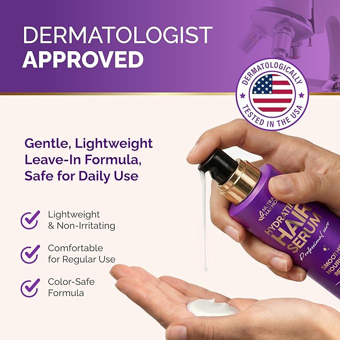 Hydrating Hair Serum for Dry & Frizzy Hair, Lightweight Leave-In Anti-Frizz Treatment, Non-Greasy Split Ends Repair with Keratin, Biotin, Castor & Rosemary Oils, Smooth Shine & Heat Protection, 2 Pack