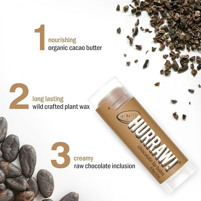 Hurraw! Chocolate Lip Balm: Organic, Certified Vegan, Cruelty and Gluten Free. Non-GMO, 100% Natural Ingredients. Bee, Shea, Soy and Palm Free. Made in USA