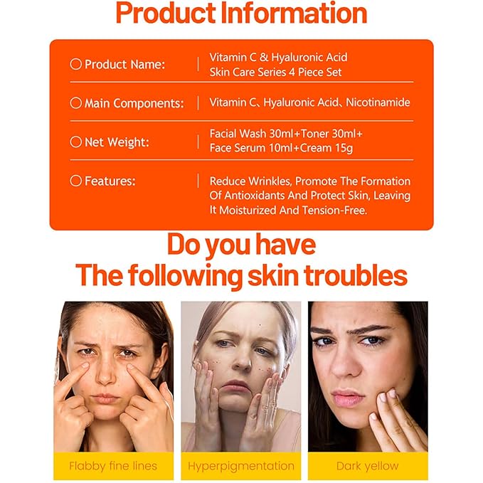 DISAAR BEAUTY Vitamin C Organic Orange Extract Skin Care Set Facial Wash Toner Serum Face Cream Moisturizing Reduce Wrinkles Hydrate 30ml+30ml+10ml+15g 4PCS