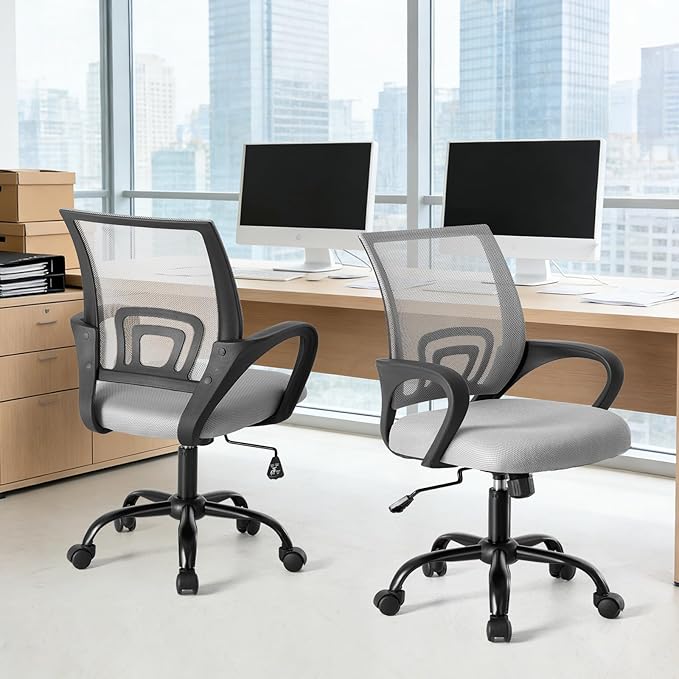 NEWBULIG Computer Desk Office Chair, Ergonomic Mid-Back Swivel Rolling Chair with Breathable Backrest and Lumbar Support Wheels, Mesh Office Chairs for Adults Home Task Gaming, Gray 2 Pack