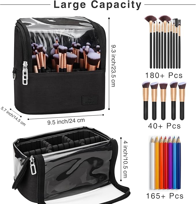 Makeup Brush Bag, Makeup Brush Holder Travel Stand-up Makeup Cup Large Makeup Brush Organizer Case Professional Cosmetic Bag Artist Storage Bag with Adjustable Divider (Large, Black)