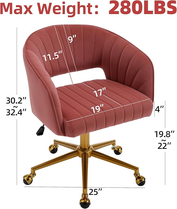 Westice Home Office Desk Chairs, Modern Velvet Desk Chair, Height Adjustable Swivel Vanity Chair with Golden Base, Ergonomic Chair for Vanity Study, Living Room Computer Room, Bean Paste Red