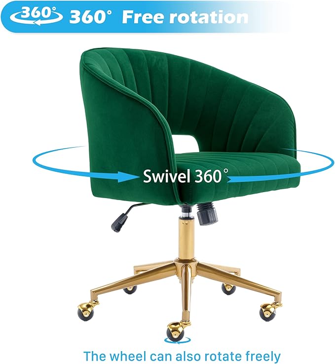 Home Office Chair Swivel Velvet Desk Chair Accent Armchair Upholstered Modern Tufted Chairs with Gold Base for Girls Women Ergonomic Study Seat Computer Task Stools for Living Room(Green)