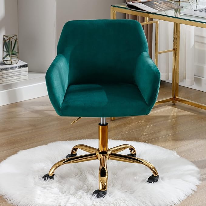 KCC Velvet Office Desk Chair, Comfy Swivel Modern Leisure Armchair with Wheels, Upholstered Comfy Velvet Fabric Makeup Chair Height Adjustable for Teens Women Girls Elegant Home Office, Green