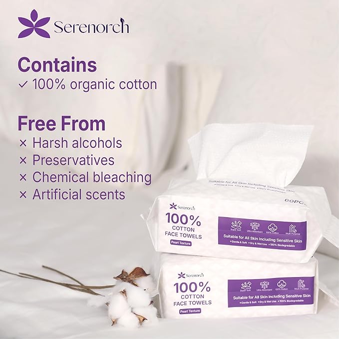 100% Cotton Disposable Face Towels 120 Count, Soft Cotton Tissue for Sensitive Skin, Makeup Remover Dry Wipes, Lint Free Facial Cleansing Cloths for Baby & Adult, Hanging Bag