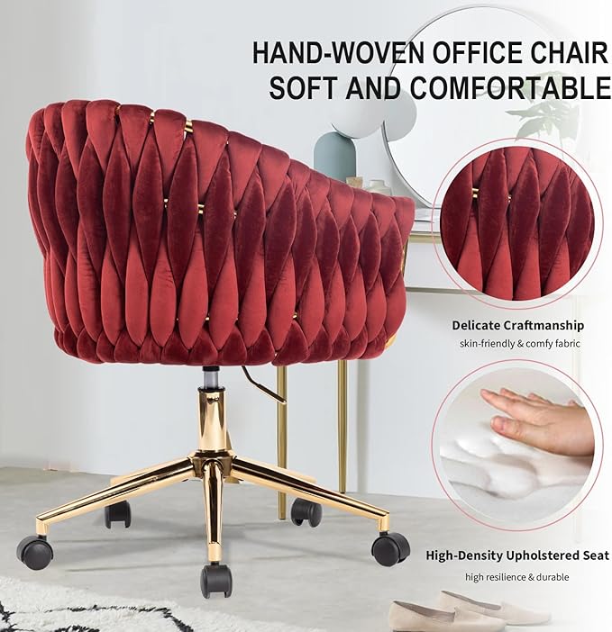 Velvet Office Chair, Vanity Chairs with Wheels, 360° Swivel Velvet Home Office Desk Chair, Accent Chair Makeup Vanity Chair for Bedroom, Living Room(Red)