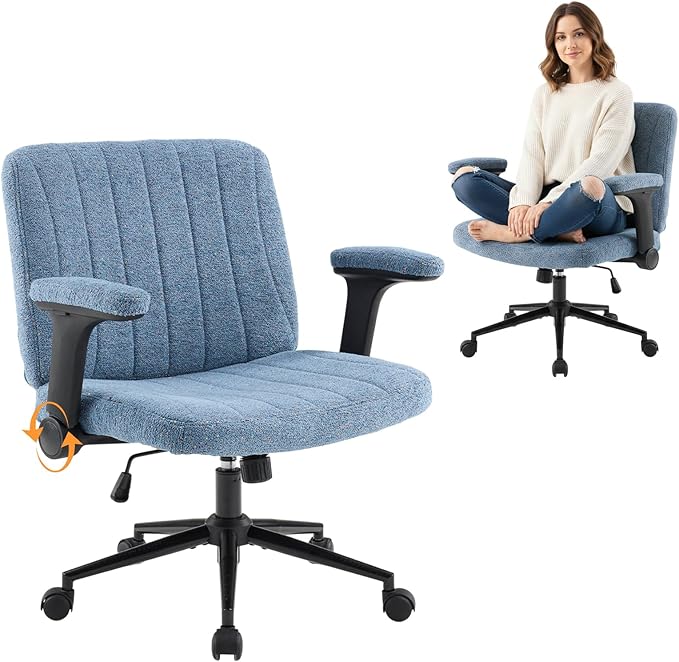 VINGLI Criss Cross Chair with Adjustable Flip-Up Arms,Cross Legged Chair with Wheels,Extra Wide Office Chair,Desk Chair for Home Office,Vanity,Bedroom, Apartment,Starry Chenille,Navy Blue