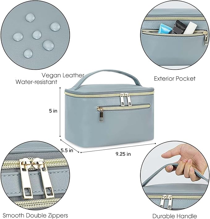 Wandering Nature Makeup Bag, Travel Make Up Organizer Cosmetic Brush Bags Case for Women in Vegan Leather, Grayish Blue, Patent Pending
