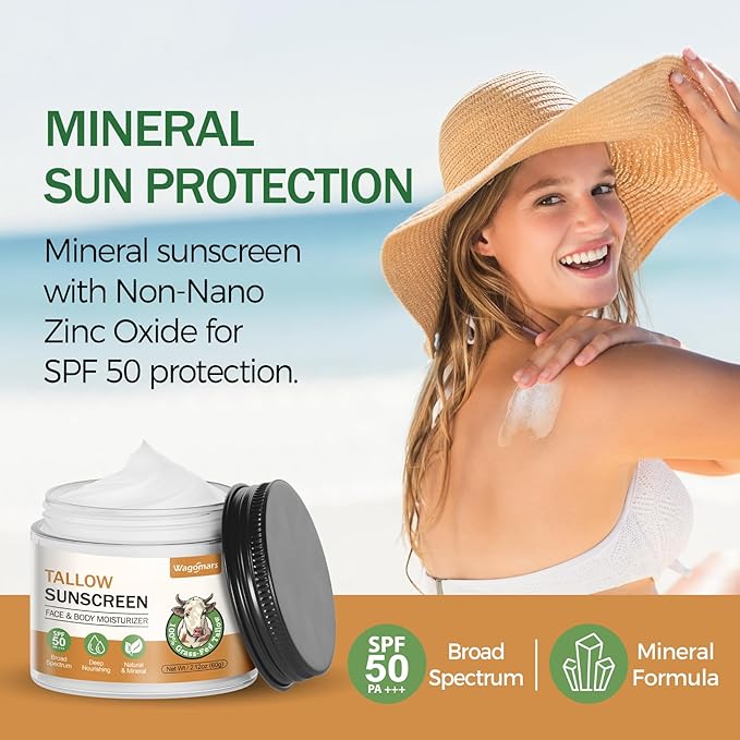 Beef Tallow Sunscreen SPF 50 - Mineral Sunscreen with Zinc Oxide - Non-Toxic Natural Sunblock for Face & Body - Water Resistant, Reef Safe, Moisturizing for Dry and Sensitive Skin