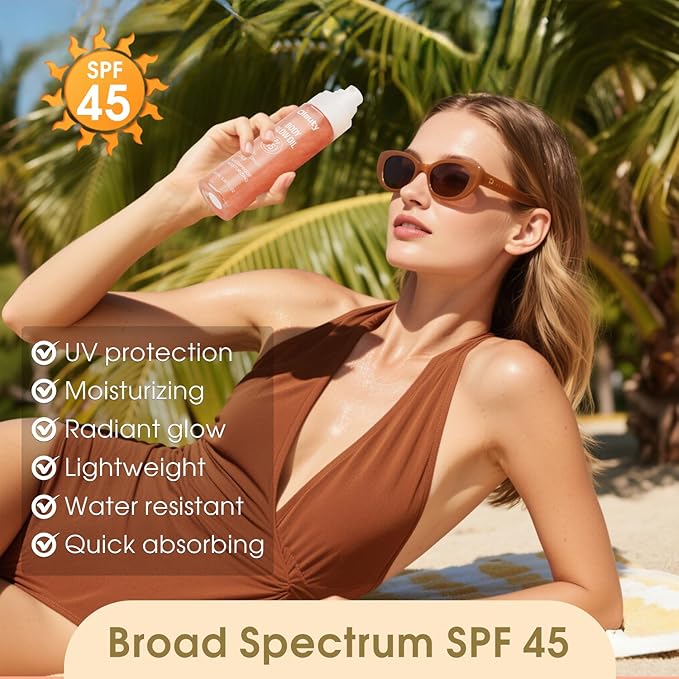 Body Glow Oil,SPF 45,Sunscreen Body Oil,Lightweight Glowing Lotion,Moisturizing Coconut Oils,Waterproof Non Sticky Texture Easy Absorb Shimmer Skin Moisturizer Beach Travel Essentials (#02 Rose)