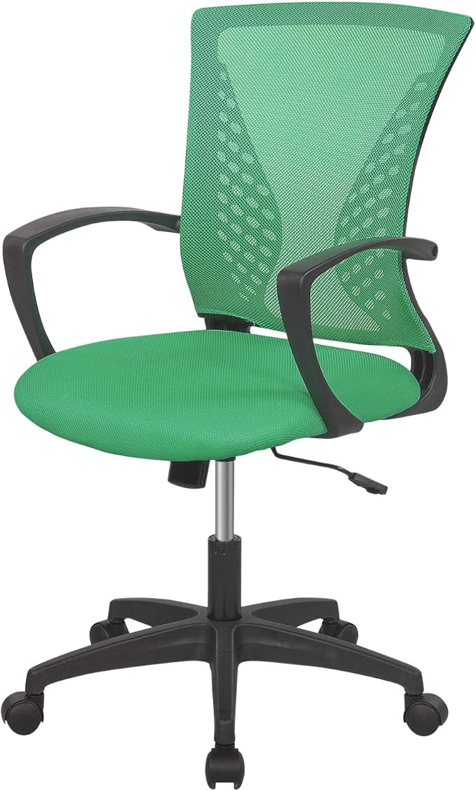 Home Office Chair Mid Back PC Swivel Lumbar Support Adjustable Desk Task Computer Ergonomic Comfortable Mesh Chair with Armrest (Green)