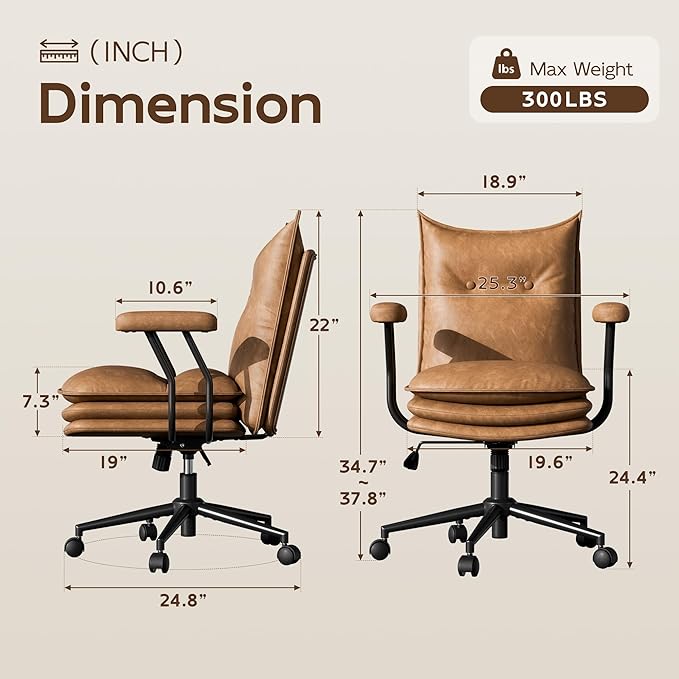 Brown Office Chair with Triple-Layers Thicken Wide Seat, Mid Back Leather Desk Chair with Wheels and Arms, Mid-Century Modern Computer Chair for Home Office