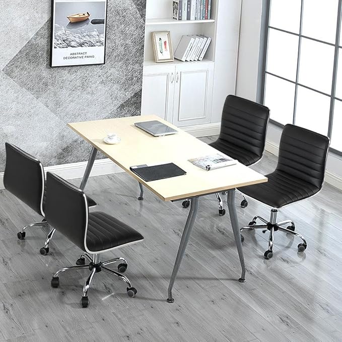 Yaheetech Adjustable Task Chair PU Leather Low Back Ribbed Armless Swivel Black Desk Chair Office Chair Wheels