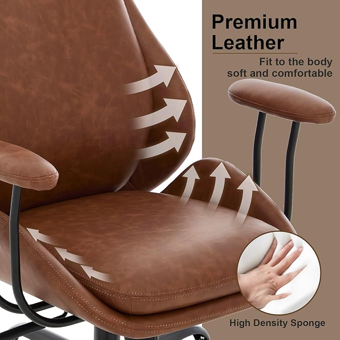 Office Chair, Leather Desk Chair with Rubber Wheels, Ergonomic Computer Chair 500 LBS with Lumbar Support, High Back Executive Chair for Modern Home Office, Brown
