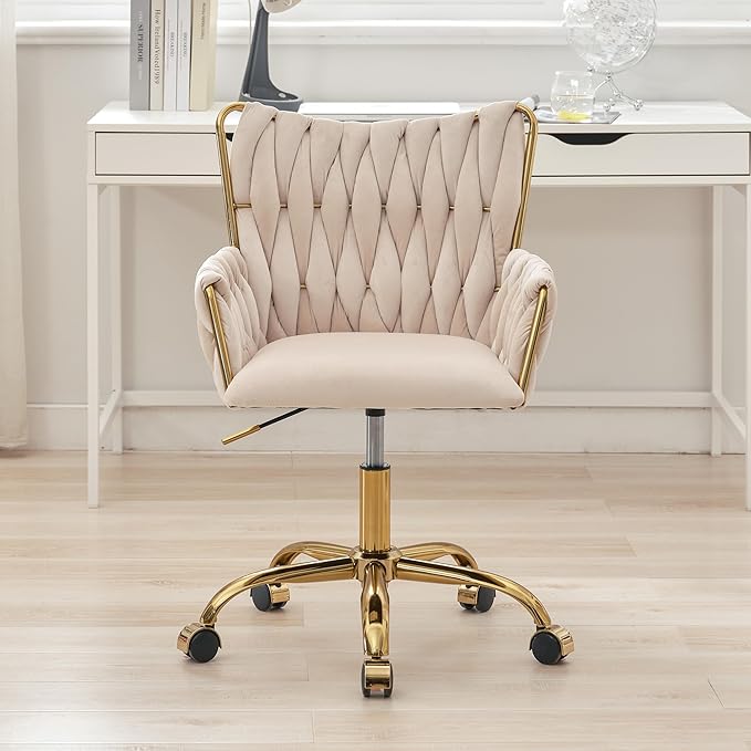 ABET Velvet Desk Chair with Wheels, Cute Upholstered Swivel Office Chair, Modern Gold Rolling Hand Woven Height Adjustable Armchair for Women Girls Home Makeup, Vanity, Nail Salon, Beige