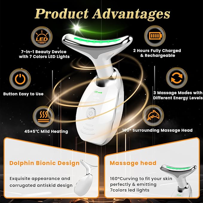 7 Color Face Massager, Portable Face Massager Tool, Based on LED, Thermal, Vibration Technology, Led Face and Neck Beauty Device for Home Use