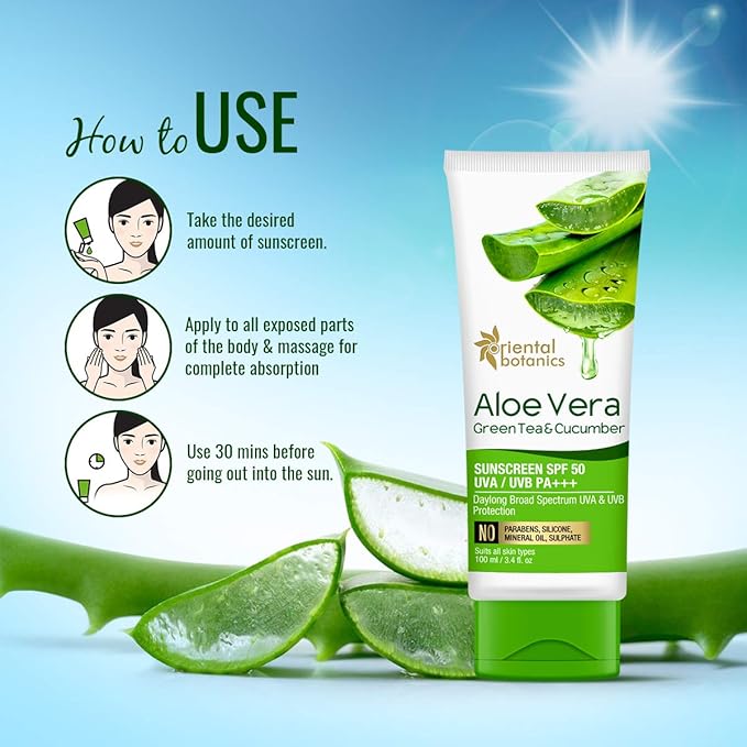 Oriental Botanics Aloe Vera, Green Tea & Cucumber Sunscreen SPF 50 UVA/UVB PA+++, 100ml