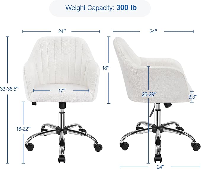 Yaheetech Boucle Desk Vanity Chair with Back Comfy Office Rolling Chair with Wheels Ergonomic Height Adjustable Swivel Modern Accent Armchair for Bedroom Ivory