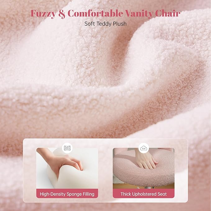 Vanity Chair with Wheels Pink,Cute Vanity Chair with Back,Ultra-Plush Fleece Cute Desk Chair, Small Office Chair Height Adjustable,for Make-up Room,Bedroom
