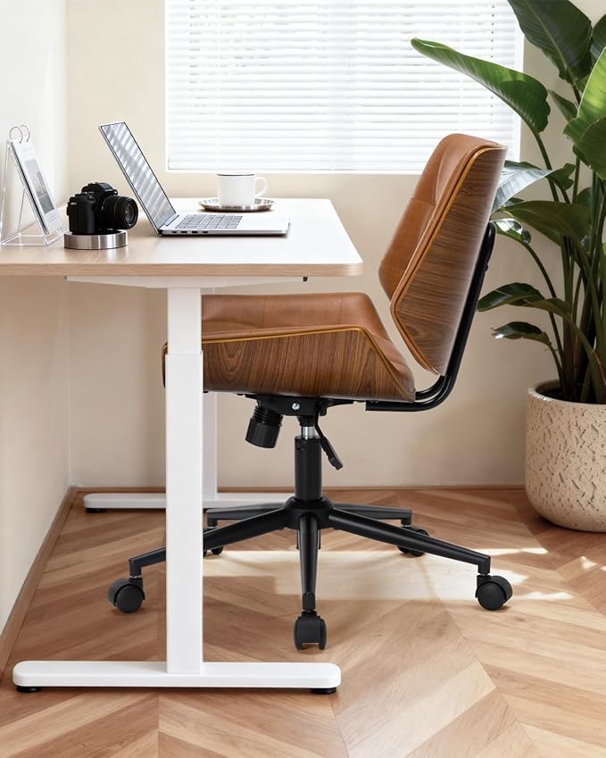 Mid-Century Modern Home Office Chair,Adjustable Height Desk Chair with Walnut Finish&PU Leather,Armless Executive Computer Chair with 360° Swivel Rolling Wheels for Vanity, Bedroom&Workspace (Brown)