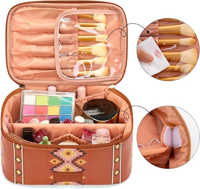 Montana West X Wrangler Travel Makeup Bag 2pcs Set Large Cosmetic Bag with Makeup Brush Holder Portable Make Up Organizer Cute Toiletry Bag with Divider and Handle for Women Aztec