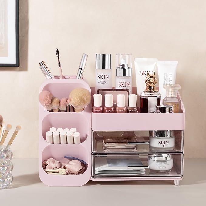 Anyoifax Makeup Organizer Countertop with Large Drawers, Vanity Organizer with Brush Holder, Skin Care Storage for Dresser, Perfume Organizer for Lotion, Lipsitck, Palette, Pink