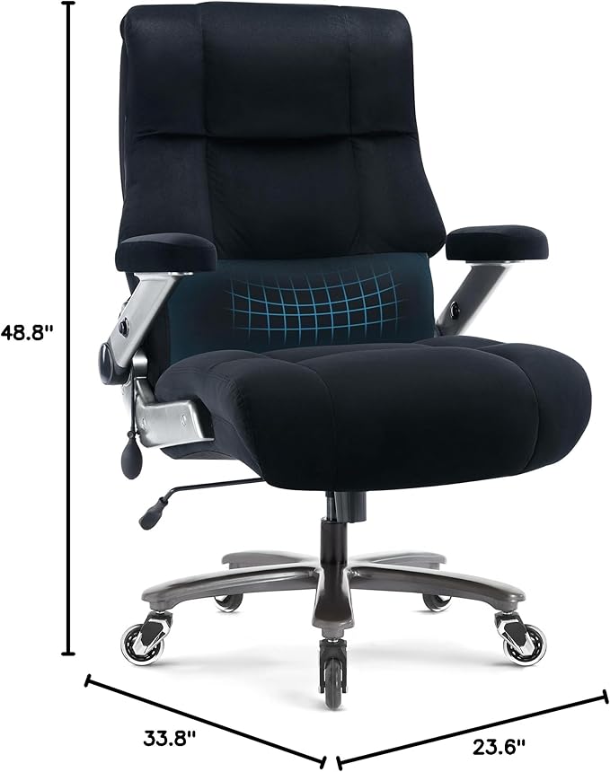 Big and Tall Office Chair 700lbs- Fabric High Back Executive Computer Chair with Adjustable Lumbar Support 3D Flip Arms Plus Size Rubber Wheels- Extra Wide Large Desk Chairs, Heavy Duty Metal Base