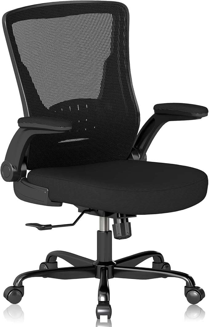 Ergonomic Office Chair – Comfy Mesh Desk Chair with Flip-Up Armrests & Silent Wheels, Adjustable Height Home Computer Chair, Breathable & Supportive for Long Hours Sitting