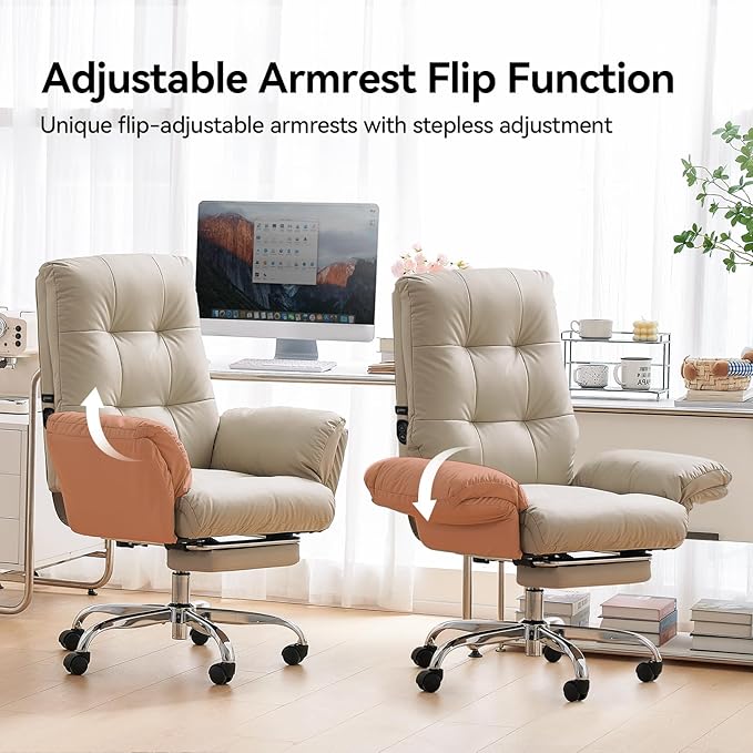 EMIAH Heated and Massage Office Chair with Foot Rest Criss Cross Chair with Wheels and Flip-up Arms Reclining Desk Chair Comfy Wide Seat PU Leather Rolling Computer Home Office Chair (Beige)