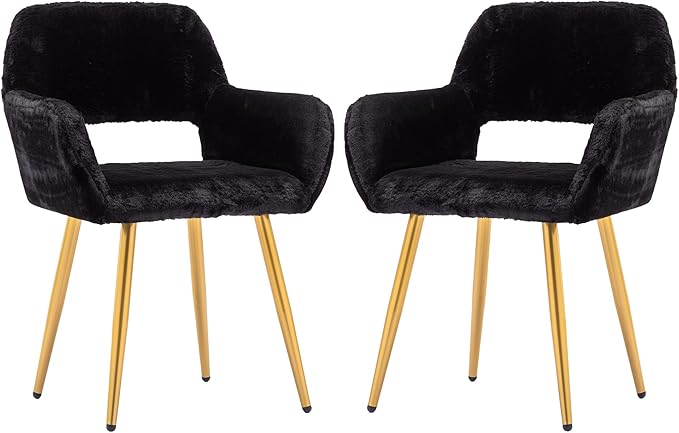 KCC Furry Desk Chair Set of 2, Mid-Century Modern Accent Faux Fur Chair for Teen Girls, Comfy Armchair with Wood Look Metal Legs for Living Dining Room, Home Vanity Makeup Office Desk Chairs No Wheel