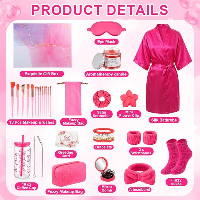 15 Pcs Birthday Gifts for Women Robe Sets for Women Spa Basket Set Graduation Gifts Bath Robe Make up Brushes Scented Candle Fluffy Socks Coffee Cup for Mom Nurse Girlfriend Wife(Rose Red)