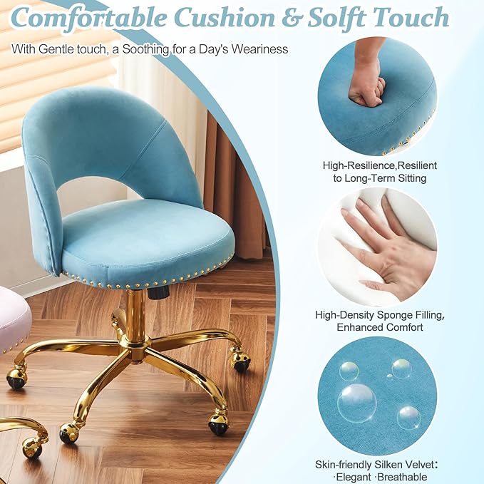 VINGLI Modern Velvet Small Office Chair,Cute Desk Chair with Wheels,Gold Base/Studs, Comfy Armless Swivel Vanity Task Chair for Women/Girl/Kids, Nail Tech Chair for Bedroom,Small Space,Cruising Blue