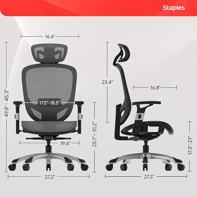 STAPLES Ergonomic Task Chair, Mesh, Ergonomic, Lumbar Support, Swivel, Gray