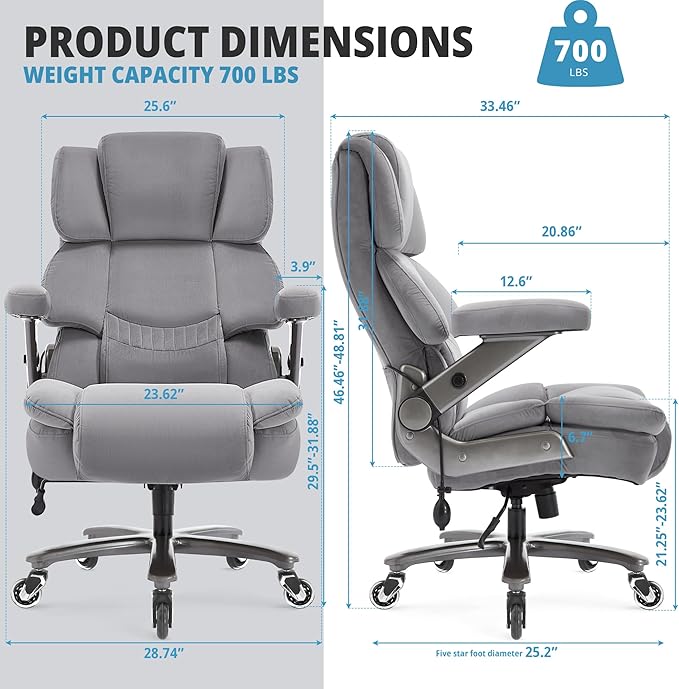 Big and Tall Office Chair 700lbs- Fabric High Back Executive Computer Chair with Adjustable Lumbar Support 3D Flip Arms Plus Size Rubber Wheels- Extra Wide Large Desk Chairs, Heavy Duty Metal Base