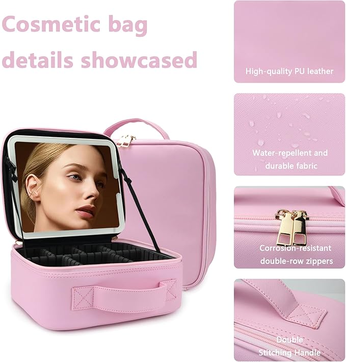 Makeup Bag with Led Mirror,Large Vanity Makeup Cases with 3 Color Setting,Portable Storage and Adjustable Dividers,for Women and Makeup Artists Cosmetic Organizer Travel Makeup Bag-Light Pink