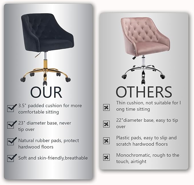 MOJAY Velvet Office Swivel Chair, Vanity Fabric Desk Pretty Fancy Gold Office Chairs for Girls, 360°Swivel Height Adjustable Reception Chair (Black)