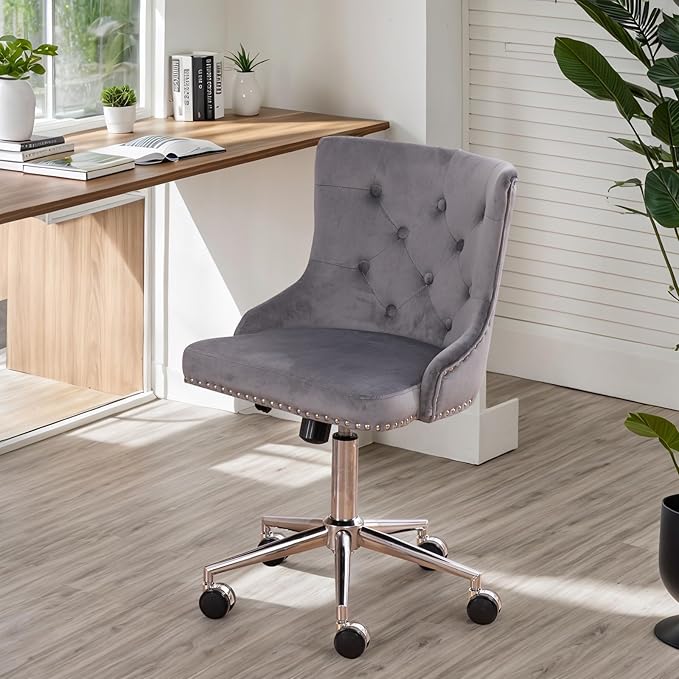 VINGLI Grey Velvet Armless Home Office Desk Chair with Silver Chrome Base/Wheels, Small Cute Vanity/Makeup Chair with Back for Bedroom, Upholstered Adjustable Rolling Swivel Nail Chair for Women/Girls