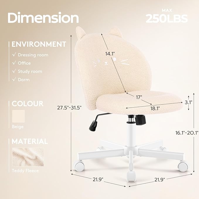 Vanity Chair with Cat Back,Armless Desk Chair Cute Small Office Chair,Teddy Fabric Computer Chair with Adjustable Height,120°Tilting,Rolling,Swivel for Vanity,Kids Room,Office,Bedroom Beige