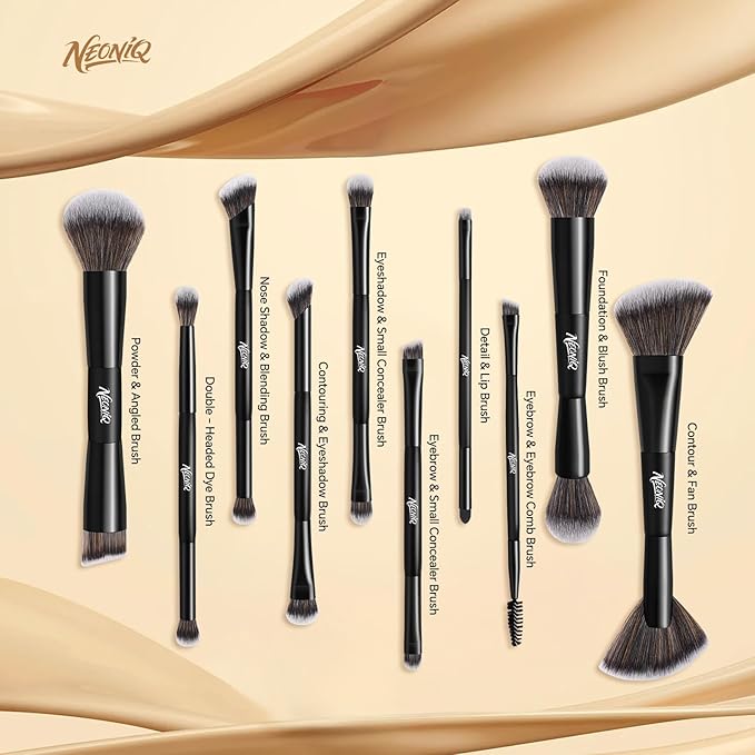 10 PCS Travel Makeup Brush Set With Bag, Makeup Brushes, Double-End Multi-functional Brushes for Foundation Powder Blush Eyeliner Eyeshadows, Professional Face Brush Set（Black）