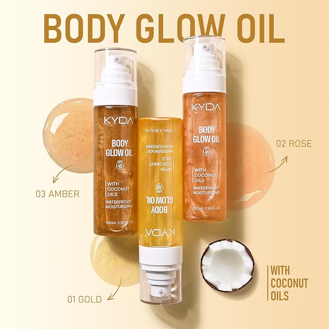 Sunscreen Body Glow Oil, Broad Spectrum SPF 45, Lightweight Waterproof Moisturizing Coconut Shimmer Oil with Gold Mica, Travel Size Summer Sunscreen Skin Illuminator-AMBER, 3.38 fl oz