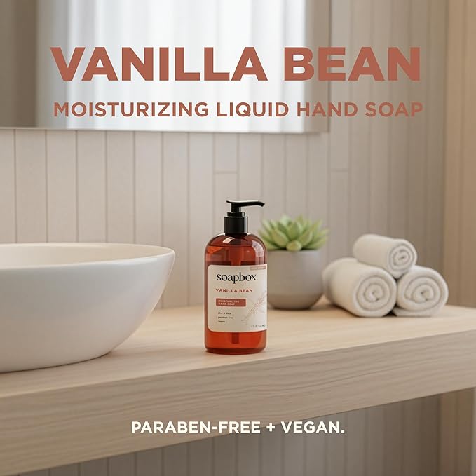 Soapbox Liquid Hand Soap, Vanilla Bean - Gentle, Moisturizing Hand Cleanser, Vegan, Cruelty Free Hand Soap for Bathroom and Kitchen, 12oz Pump Bottles (Pack of 3)